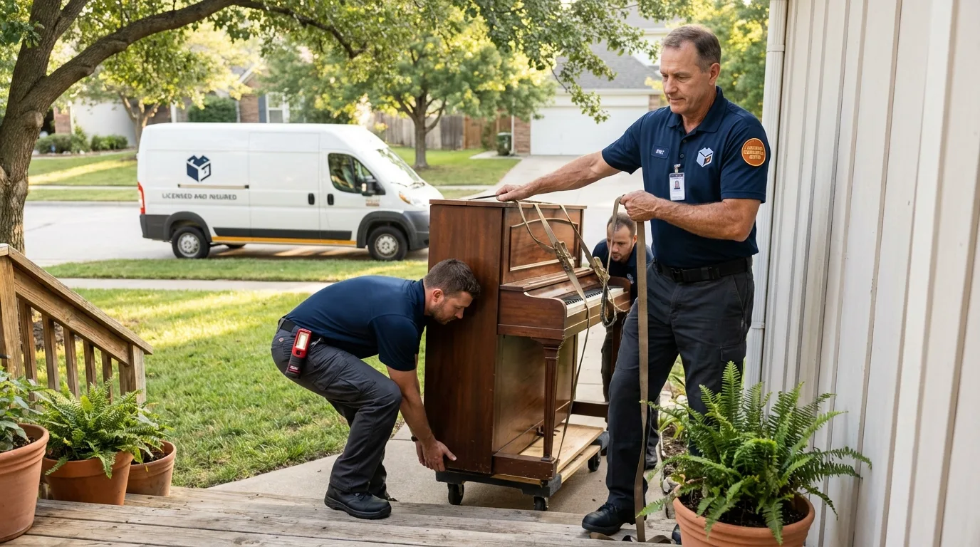 Licensed piano movers securing grand piano in Wiley Ford, WV
