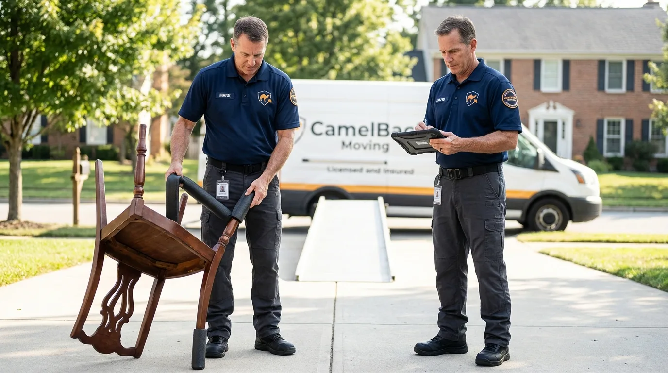 Movers inspecting furniture for damage prevention before loading in Wiley Ford, WV
