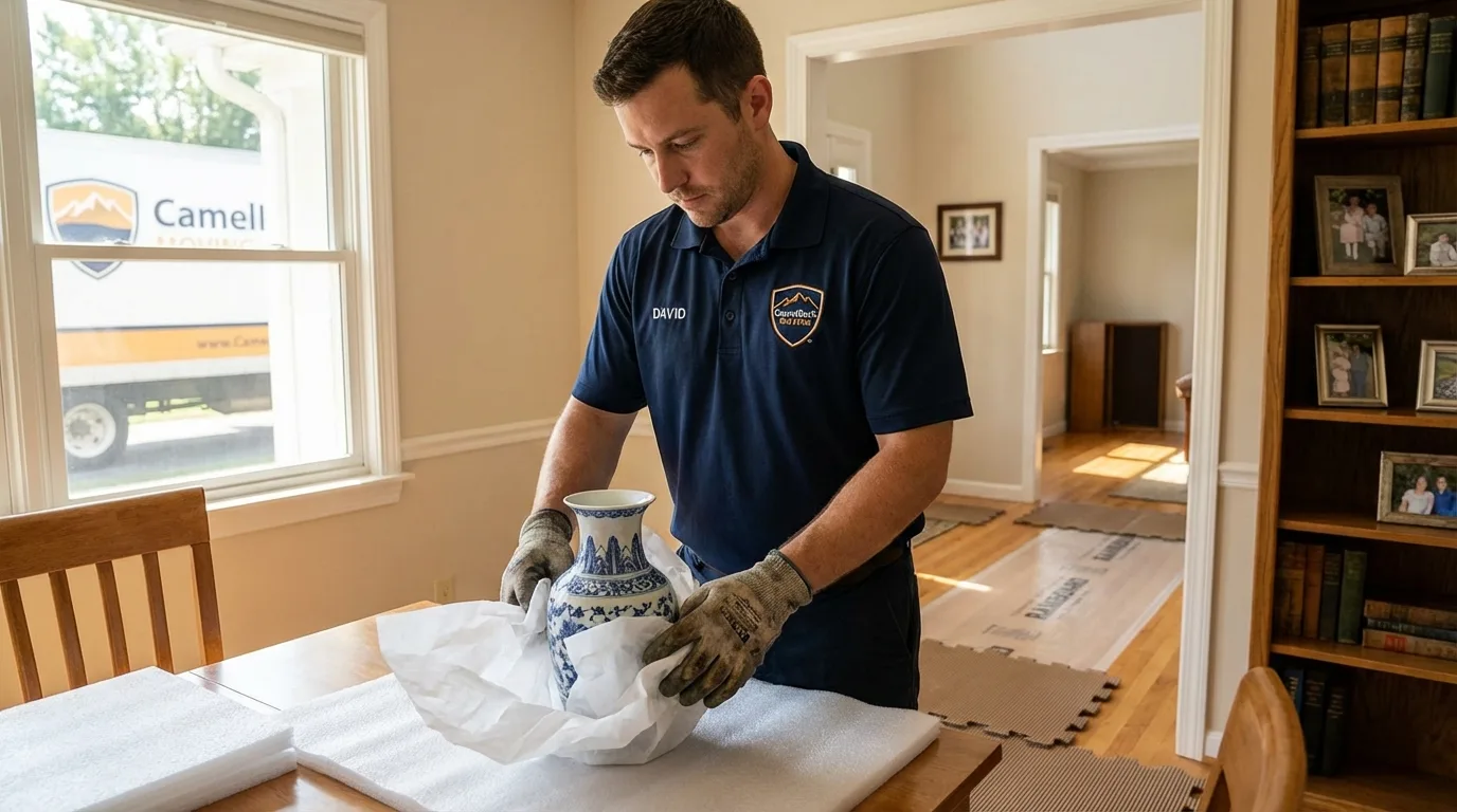 Professional crew carefully wrapping antique vase for senior downsizing move in Wiley Ford, WV